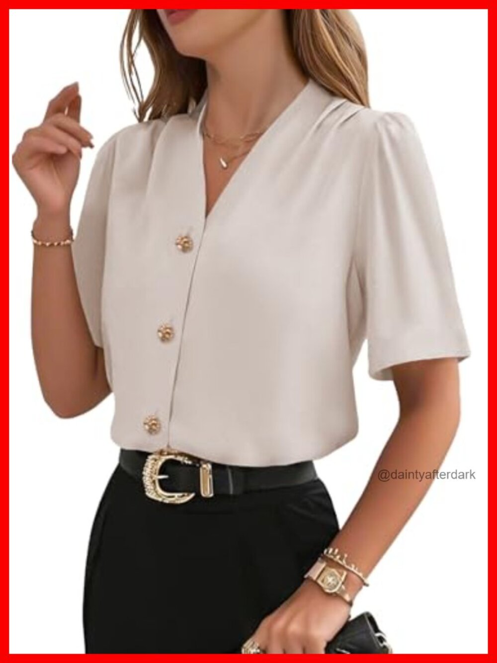 Button Down Blouse V-Neck Short Sleeve Business Casual Top